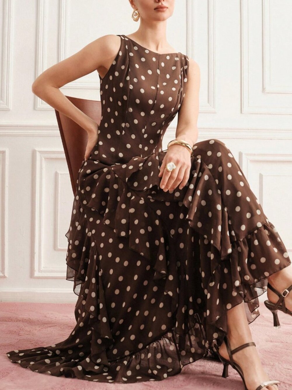Coffee Elegant Women's Waist Cinched Ruffle Hem polka dot Slim Fit Dress - Picture 7 of 7